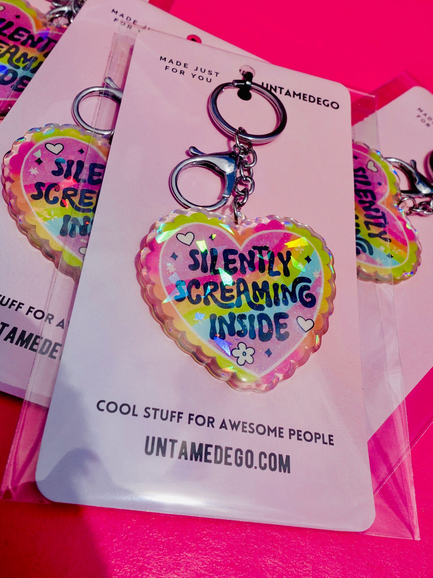 Silently Screaming Inside Holographic Heart Holographic Keychain