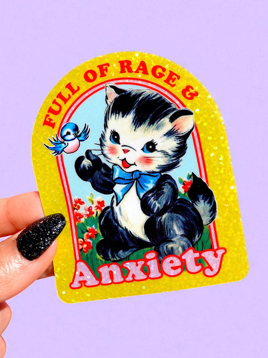 Full of Rage & Anxiety – Retro Cat Glitter Vinyl Sticker