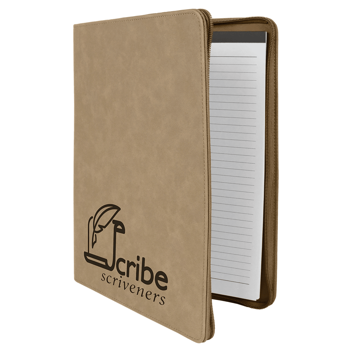 Light Brown Leatherette Portfolio with Zipper and Notepad