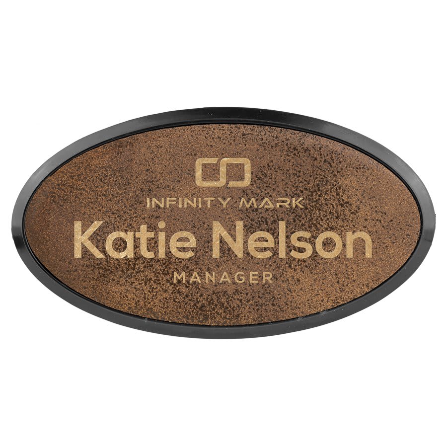 3" x 1 1/2" Rustic/Gold Laserable Leatherette Oval Badge & Frame