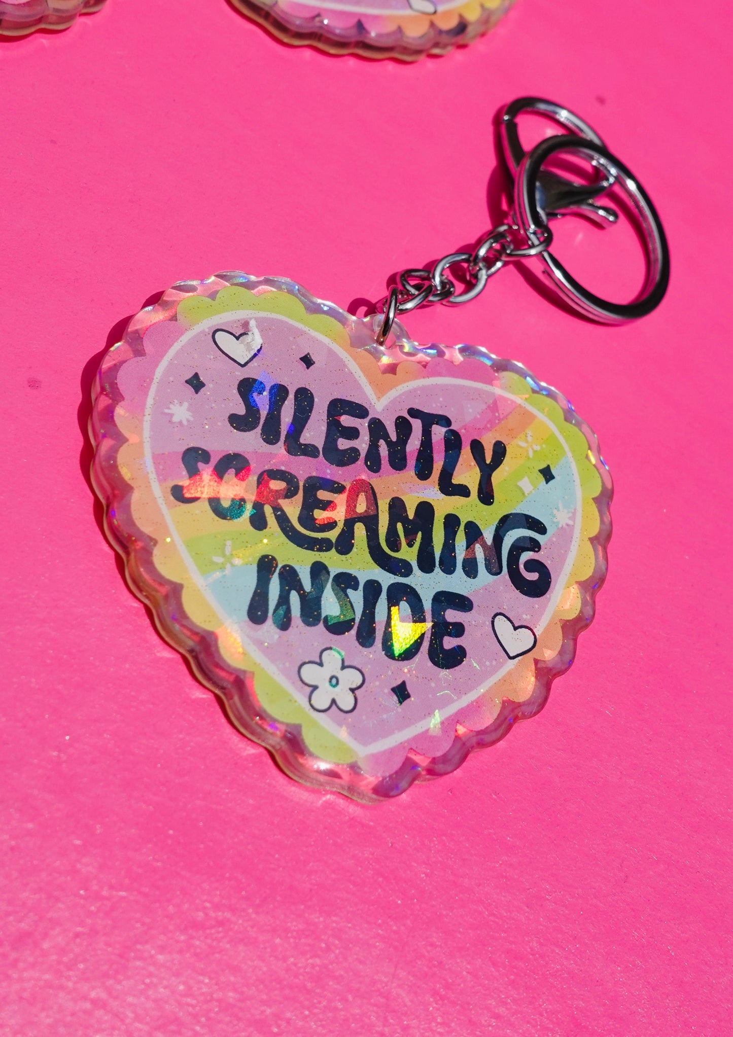Silently Screaming Inside Holographic Heart Holographic Keychain
