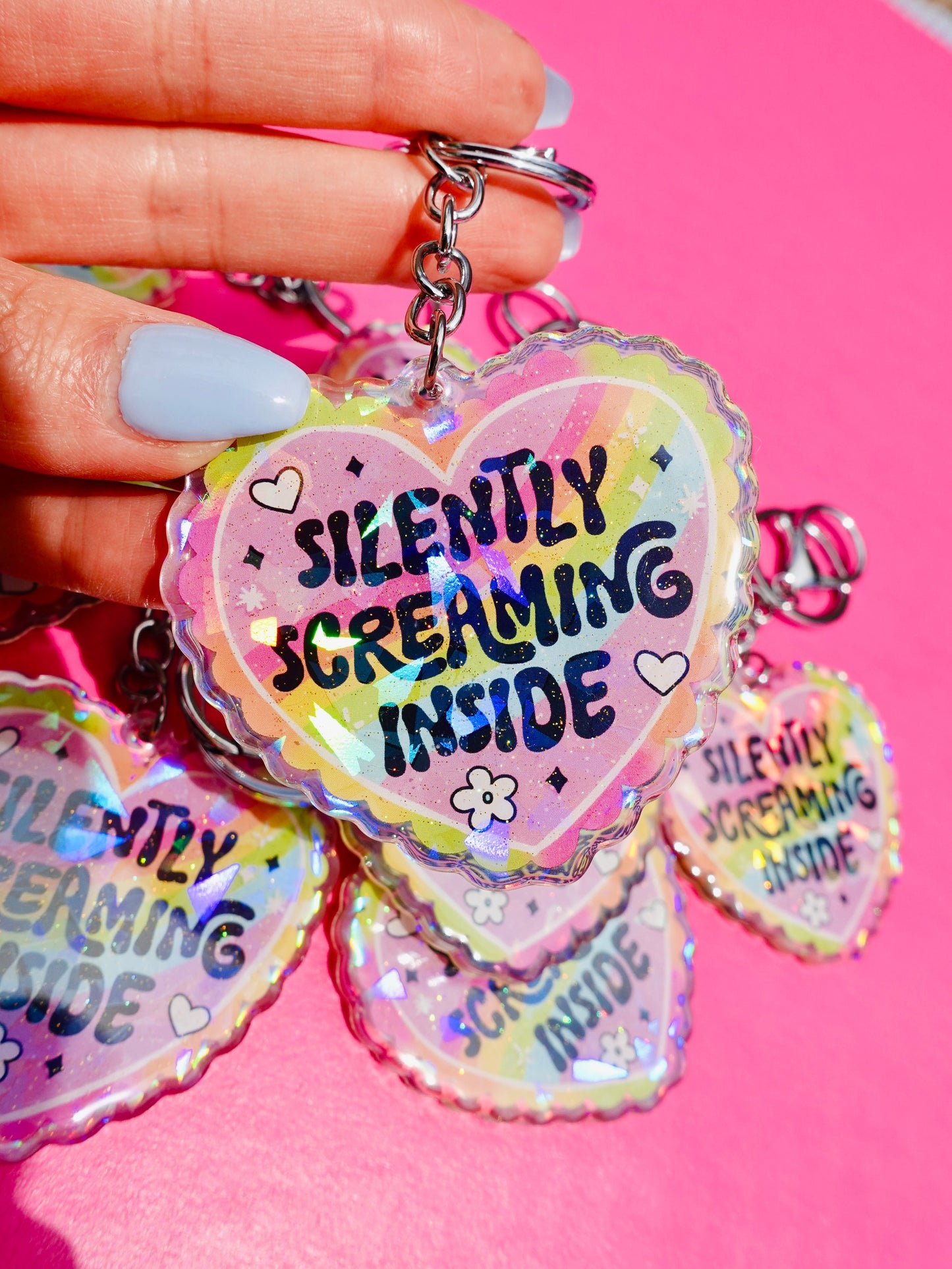 Silently Screaming Inside Holographic Heart Holographic Keychain