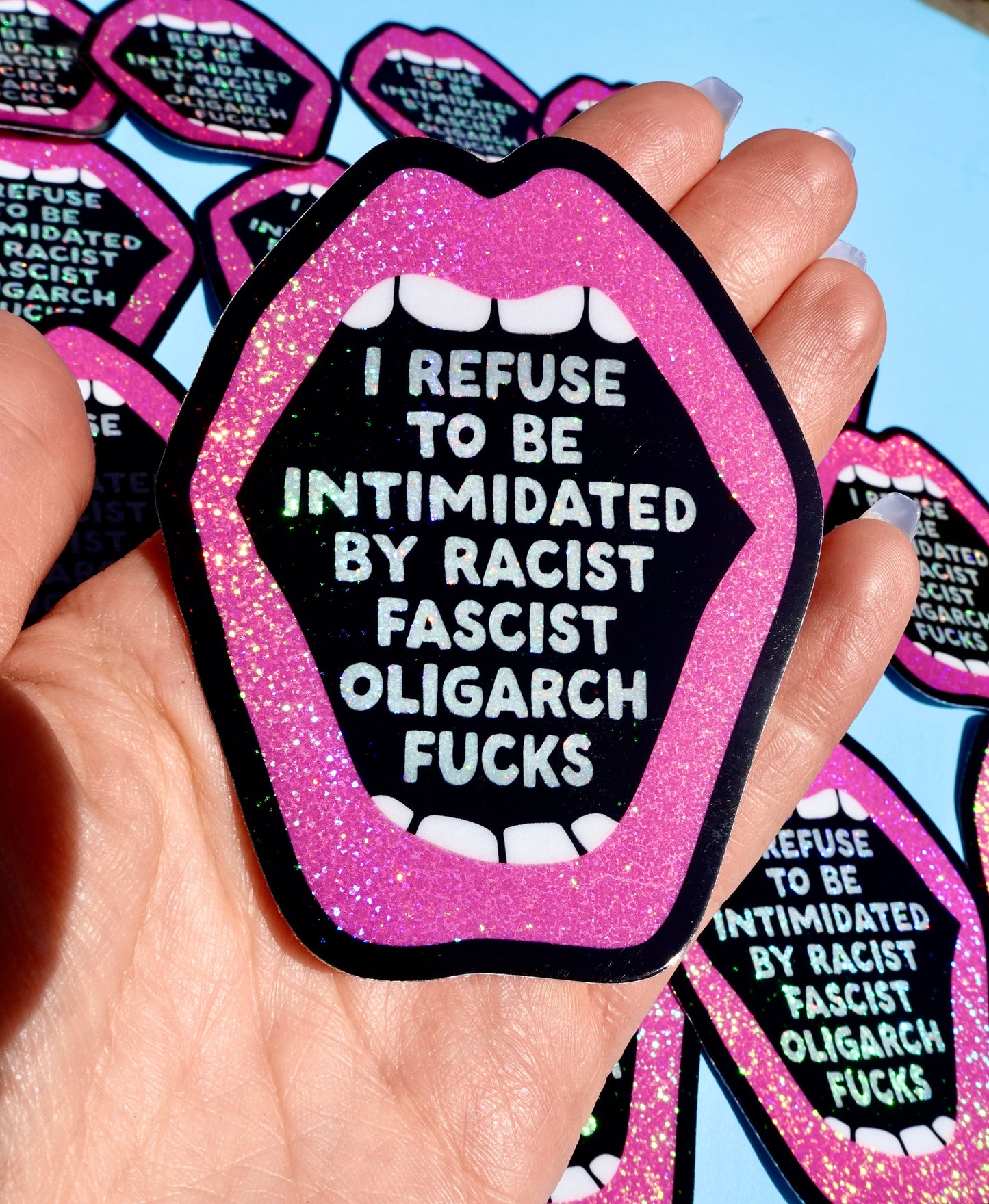Anti-Fascist Statement Sticker – Bold Political Vinyl Sticker with Pink Glitter Mouth