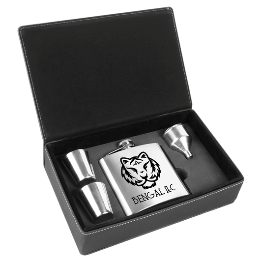 6 oz. Stainless Steel Flask Set in Black/Silver Laserable Leatherette Box