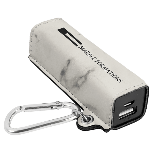 White Marble Laserable Leatherette 2200 mAh Power Bank with USB Cord
