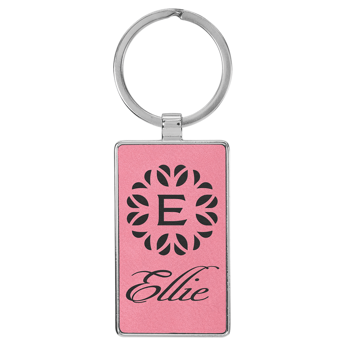 Pink Leatherette Rectangle Keychain with Metal Frame