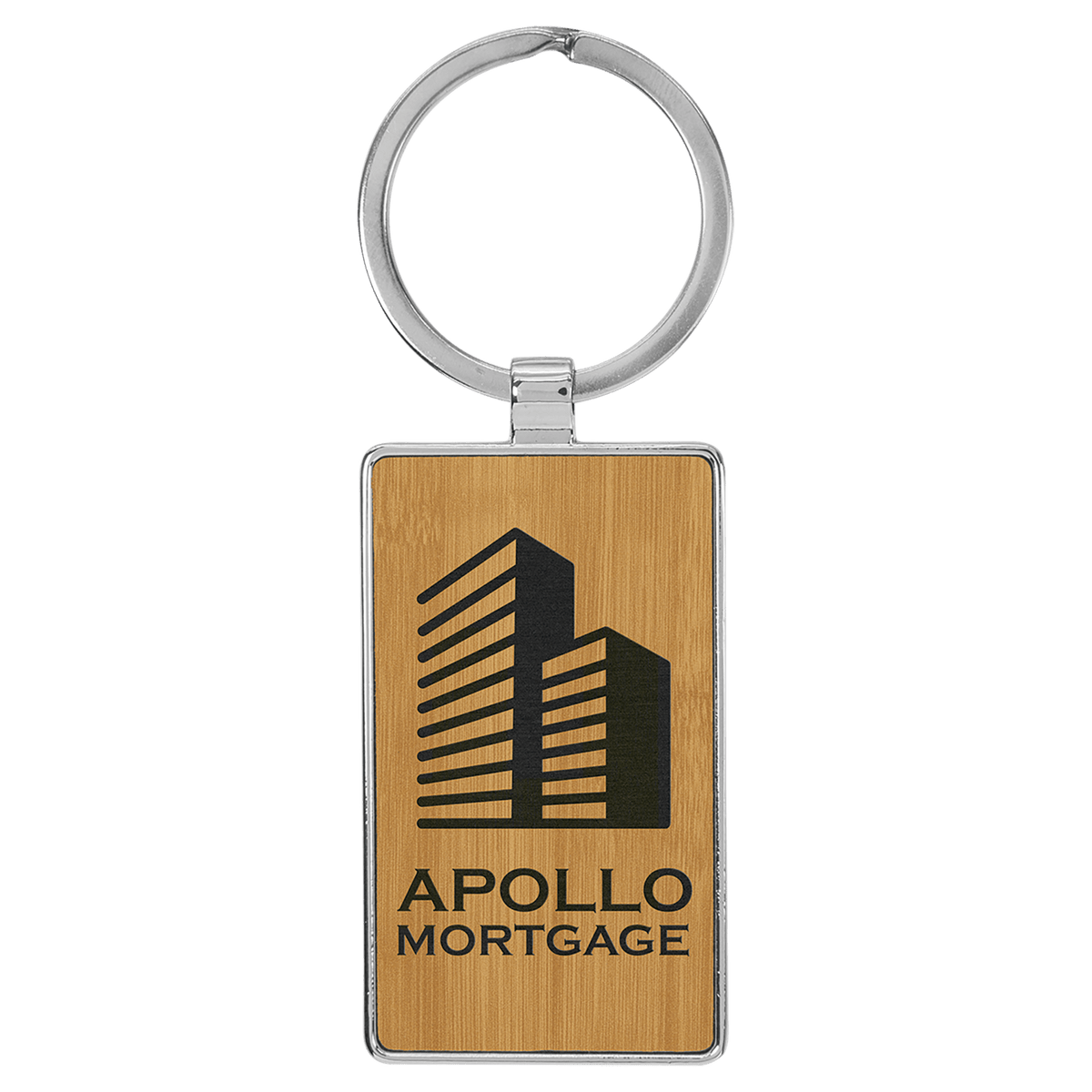 Bamboo Leatherette Rectangle Keychain with Metal Frame
