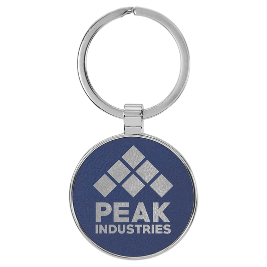 1 1/2" Laserable Leatherette/Metal Blue/Silver Round Keychain