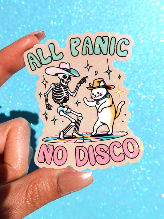 All Panic No Disco Sticker – Funny Skeleton Cat Holographic Vinyl Sticker