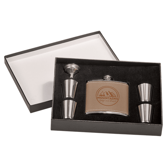 6 oz. Leather Stainless Steel Flask Set with Presentation Box