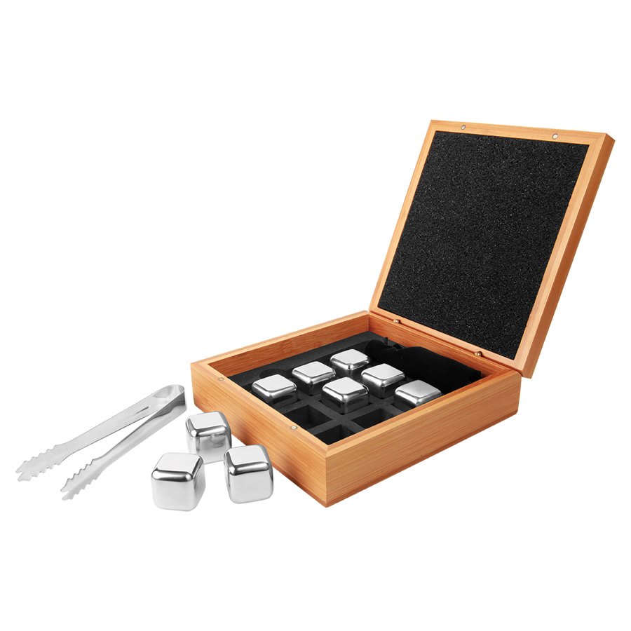 Bamboo Whiskey Stone Set (9 Stainless Steel Stones and Tongs)