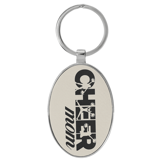 White Leatherette Oval Keychain with Metal Frame