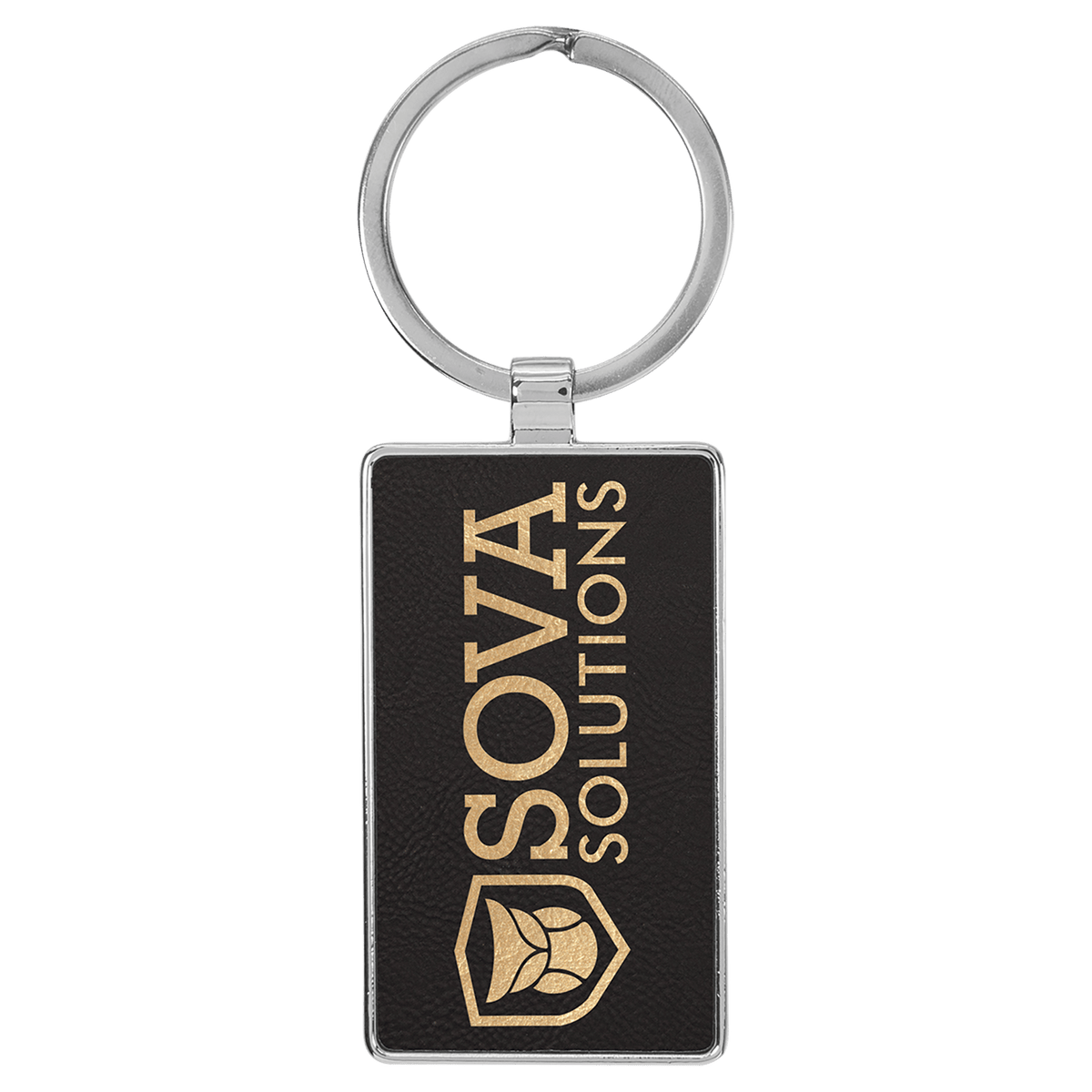 Black/Gold Leatherette Rectangle Keychain with Metal Frame