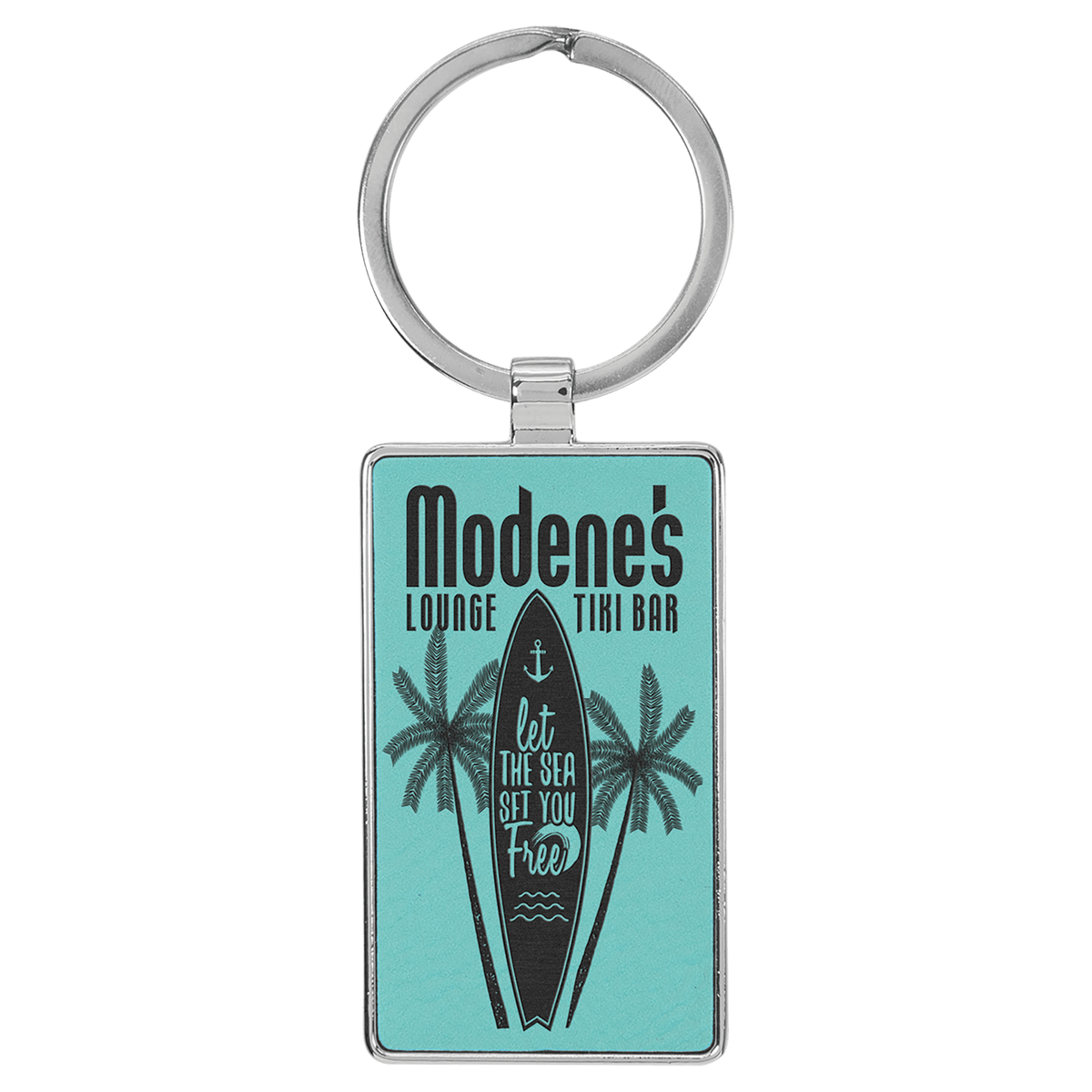 Teal Leatherette Rectangle Keychain with Metal Frame