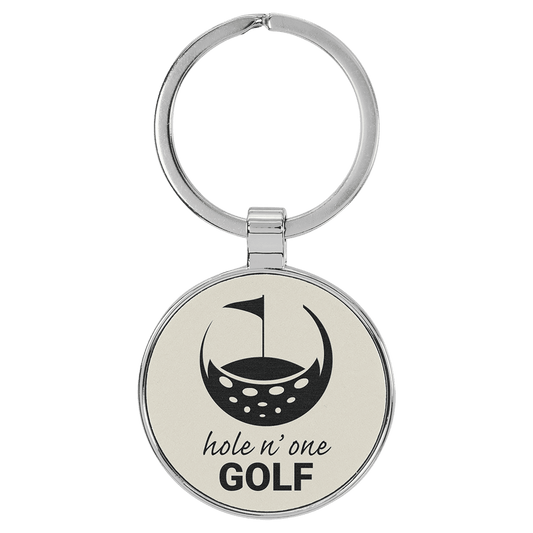 White Leatherette Round Keychain with Metal Frame