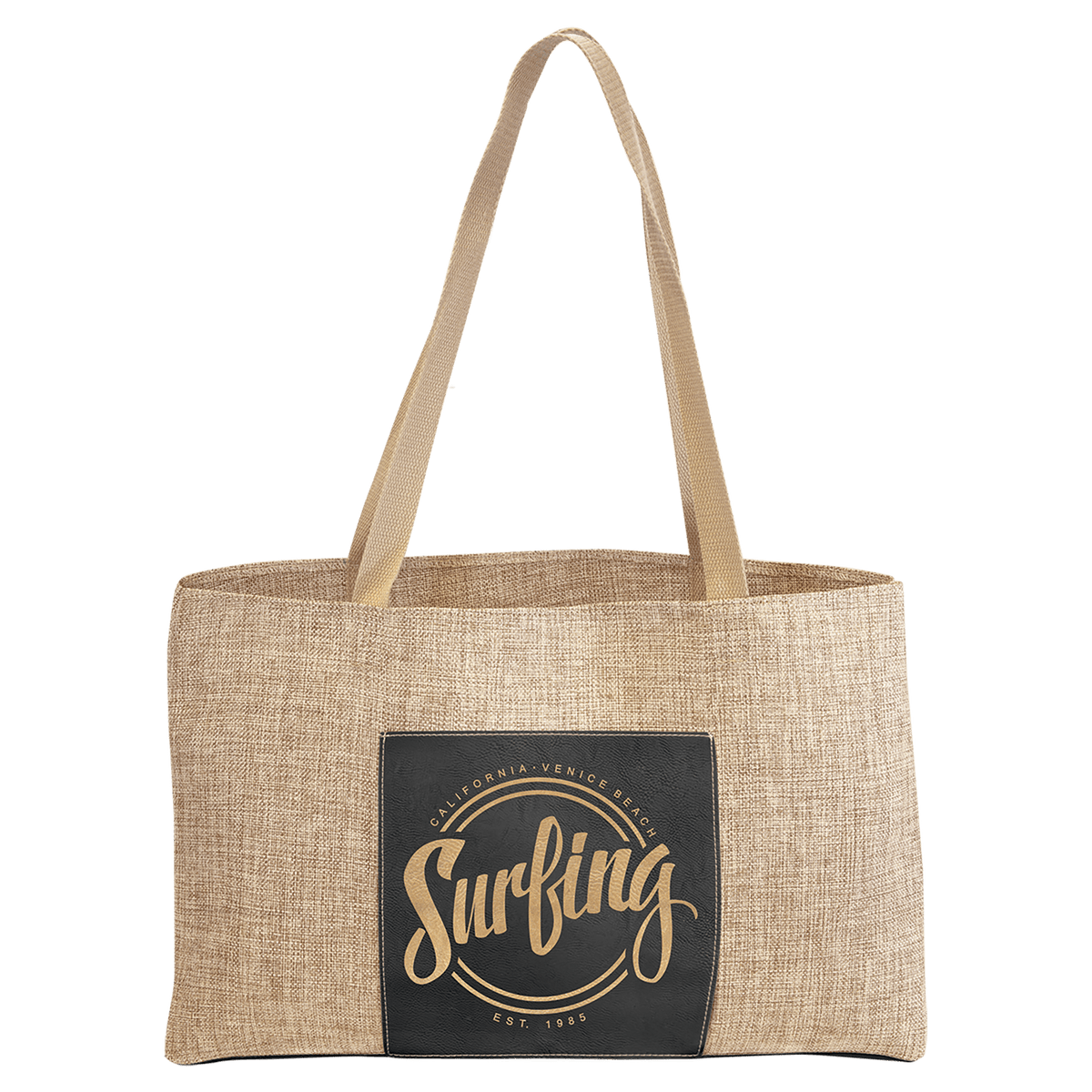 19" x 12" Burlap Bag with 5" Black/Gold Laserable Leatherette Gusset