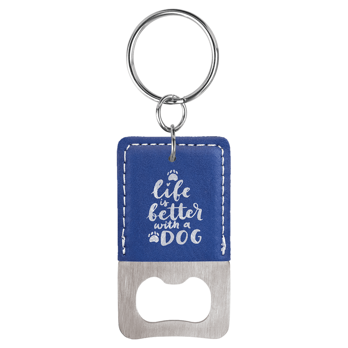 Blue/Silver Leatherette Rectangle Bottle Opener Keychain