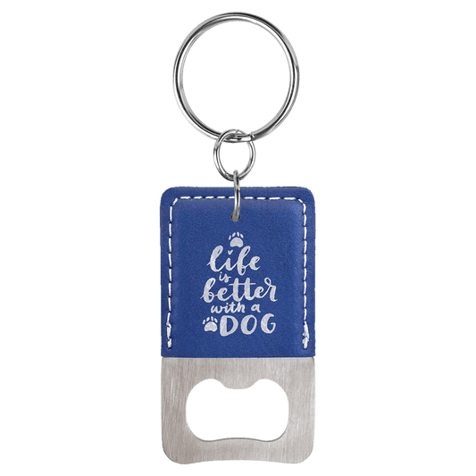 Blue/Silver Leatherette Rectangle Bottle Opener Keychain