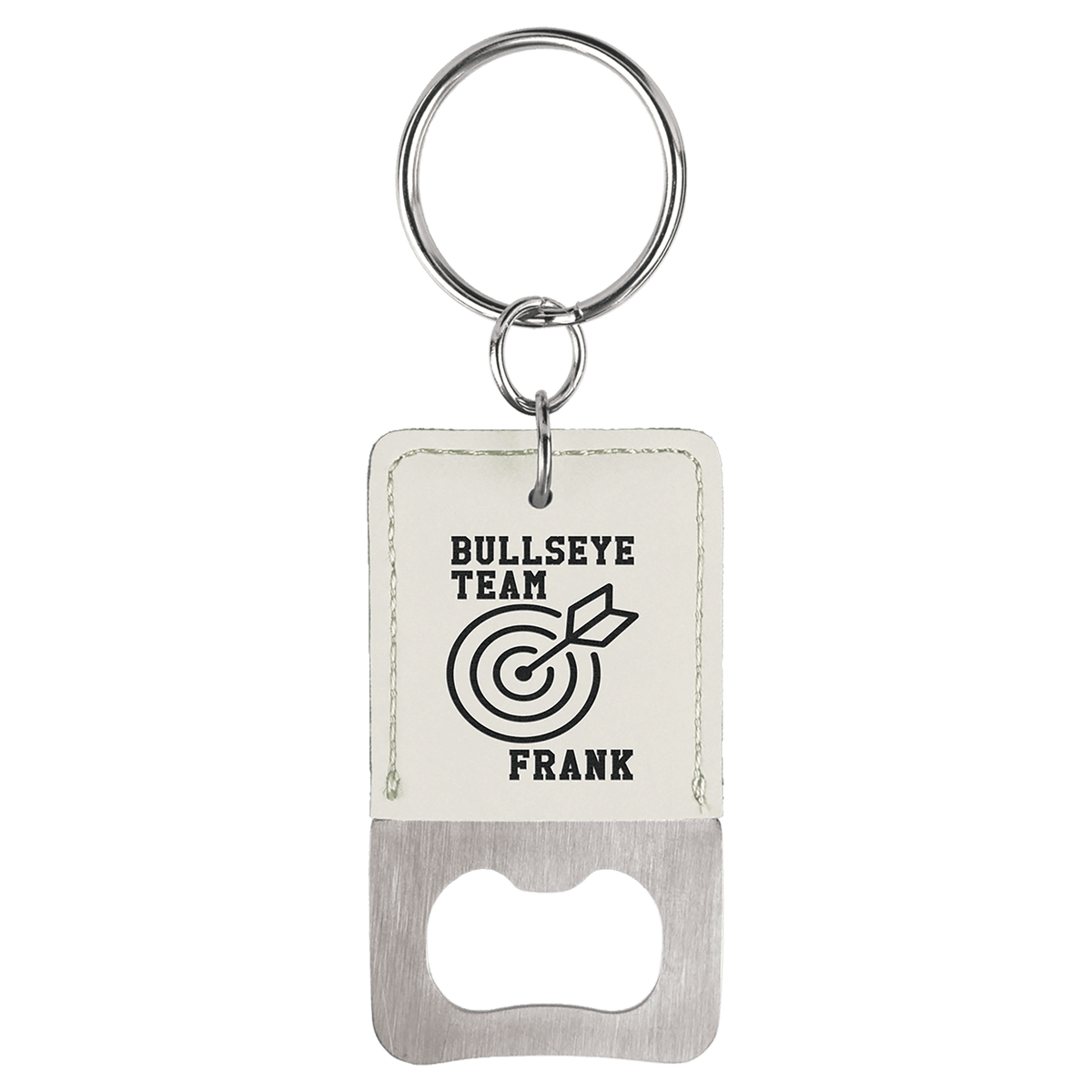 White Leatherette Rectangle Bottle Opener Keychain