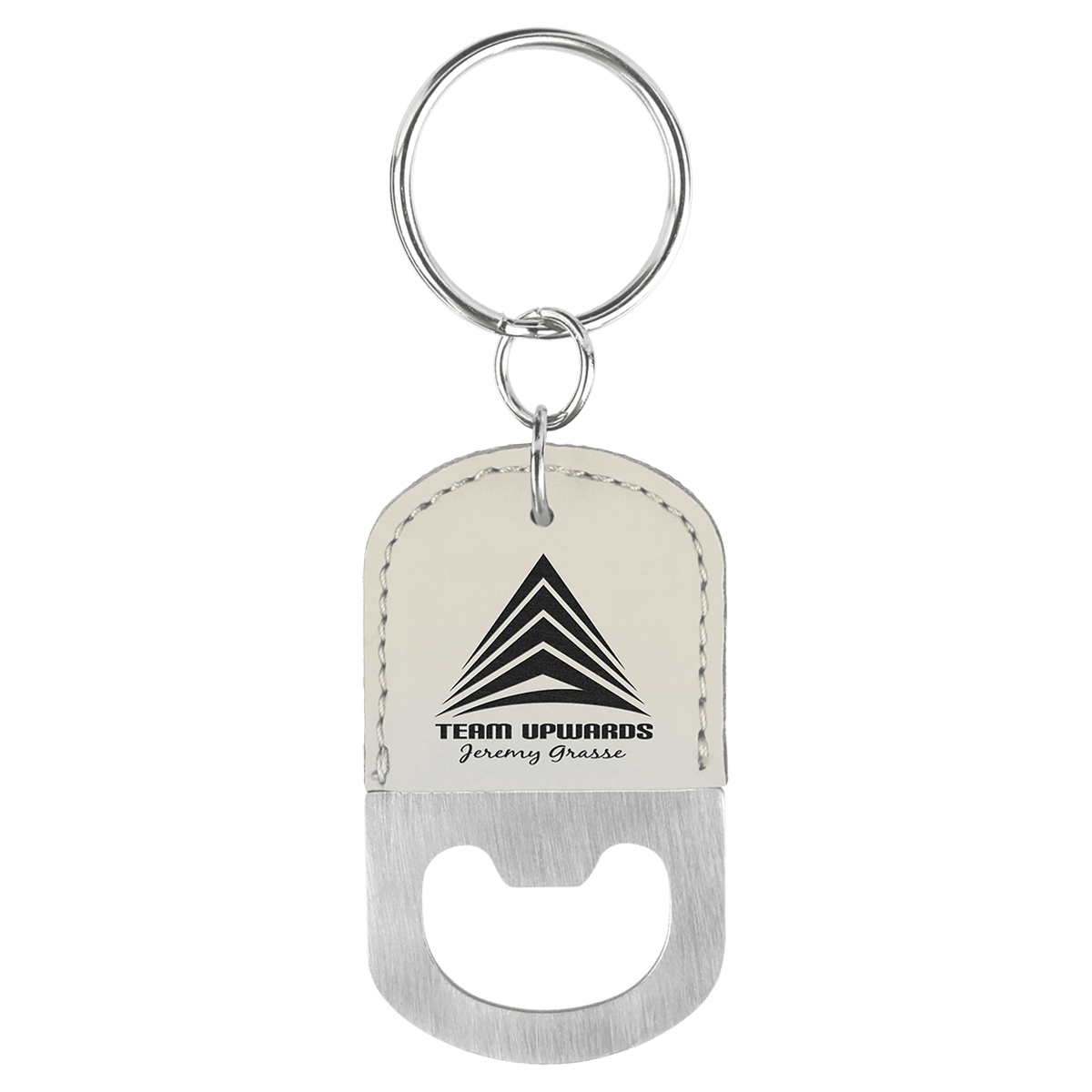 White Leatherette Oval Bottle Opener Keychain