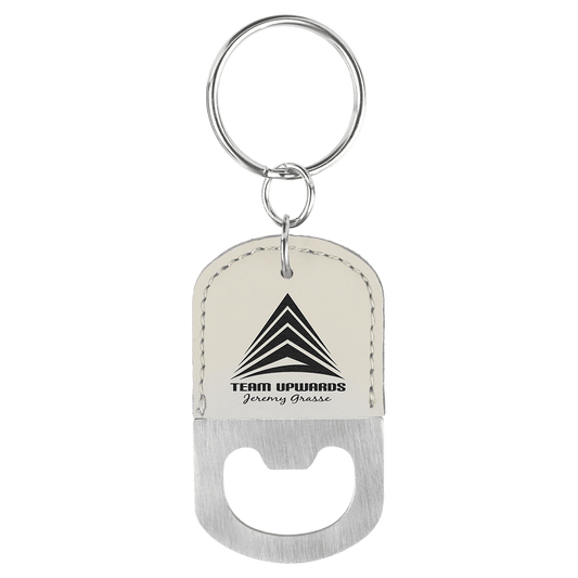 White Leatherette Oval Bottle Opener Keychain