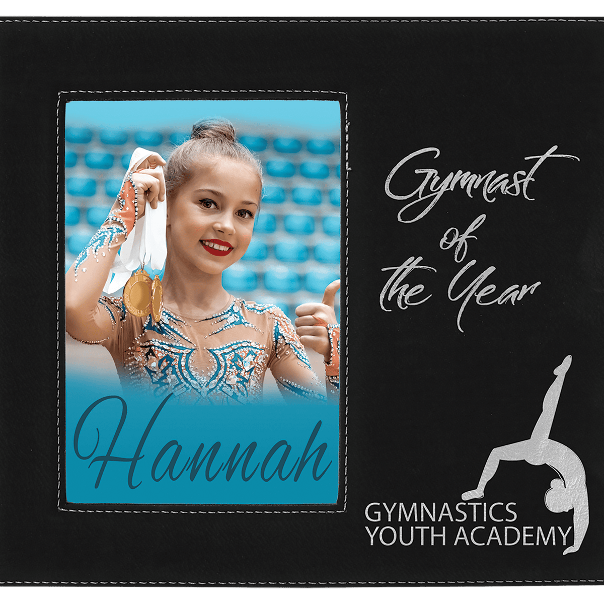 Black/Silver Leatherette Photo Frame with Large Engraving Area