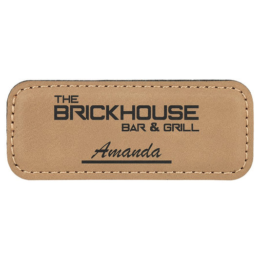 3 1/4" x 1 1/4" Light Brown Laserable Leatherette Badge Blank with Magnet