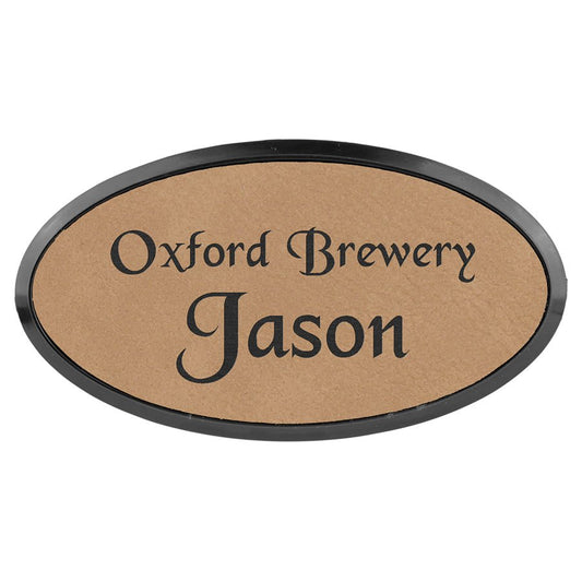 3" x 1 1/2" Light Brown Laserable Leatherette Oval Badge & Frame