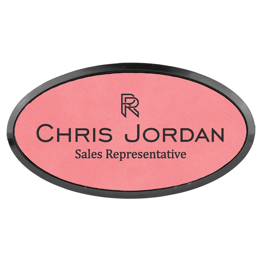 3" x 1 1/2" Pink Laserable Leatherette Oval Badge & Frame