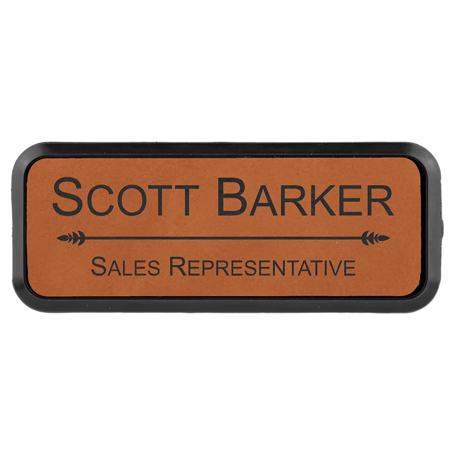 3" x 1" Rawhide Laserable Leatherette Round Corner Badge & Frame