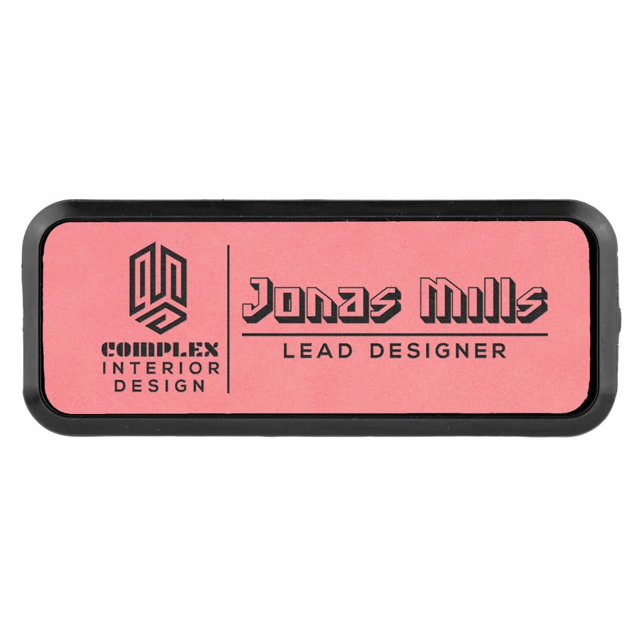 3" x 1" Pink Laserable Leatherette Round Corner Badge & Frame