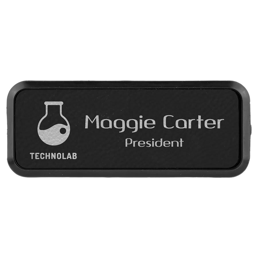 3" x 1" Black/Silver Laserable Leatherette Round Corner Badge & Frame
