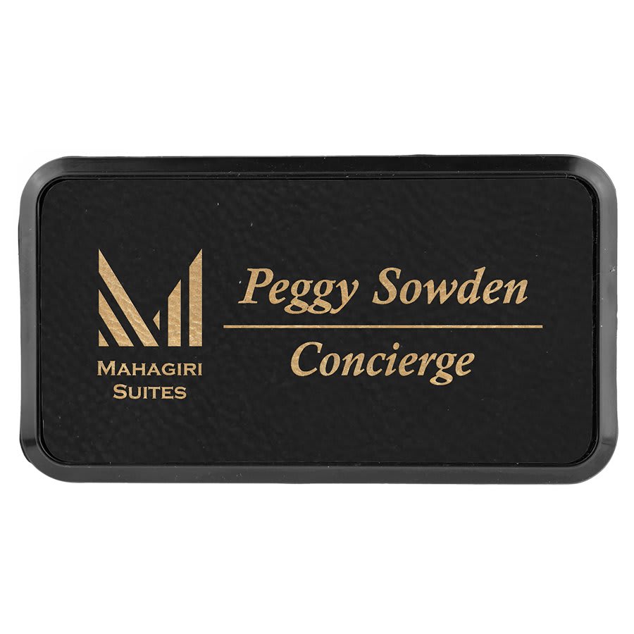3" x 1 1/2" Black/Gold Laserable Leatherette Round Corner Badge & Frame