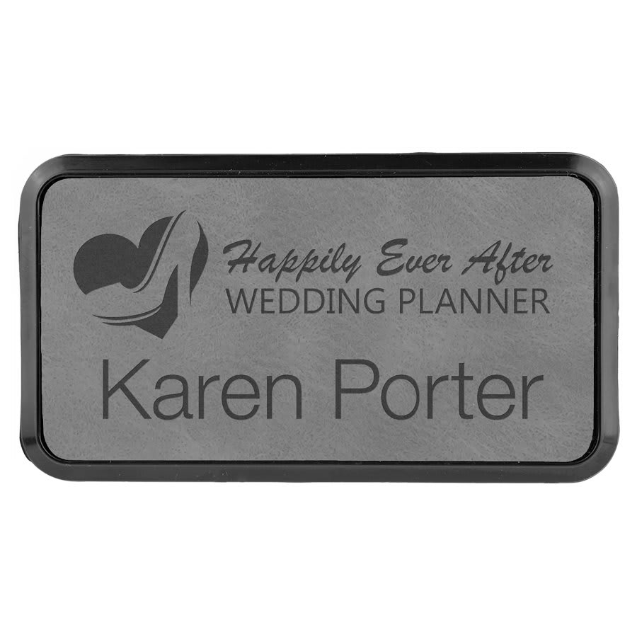 3" x 1 1/2" Gray Laserable Leatherette Round Corner Badge & Frame