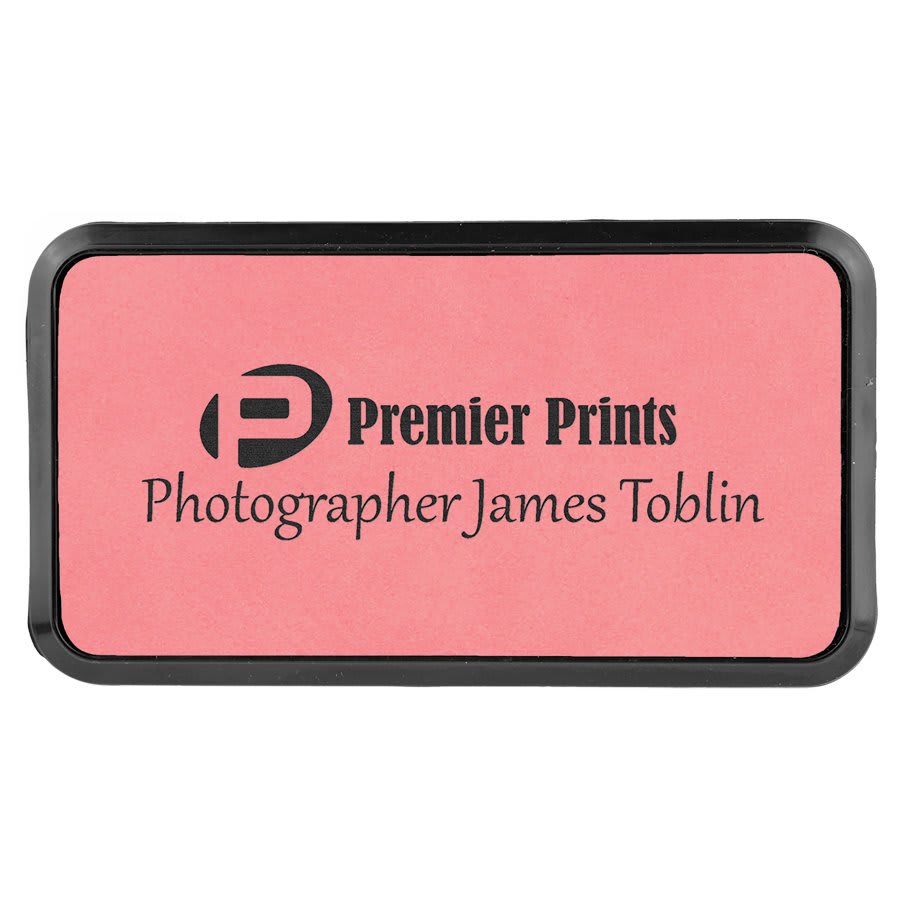 3" x 1 1/2" Pink Laserable Leatherette Round Corner Badge & Frame