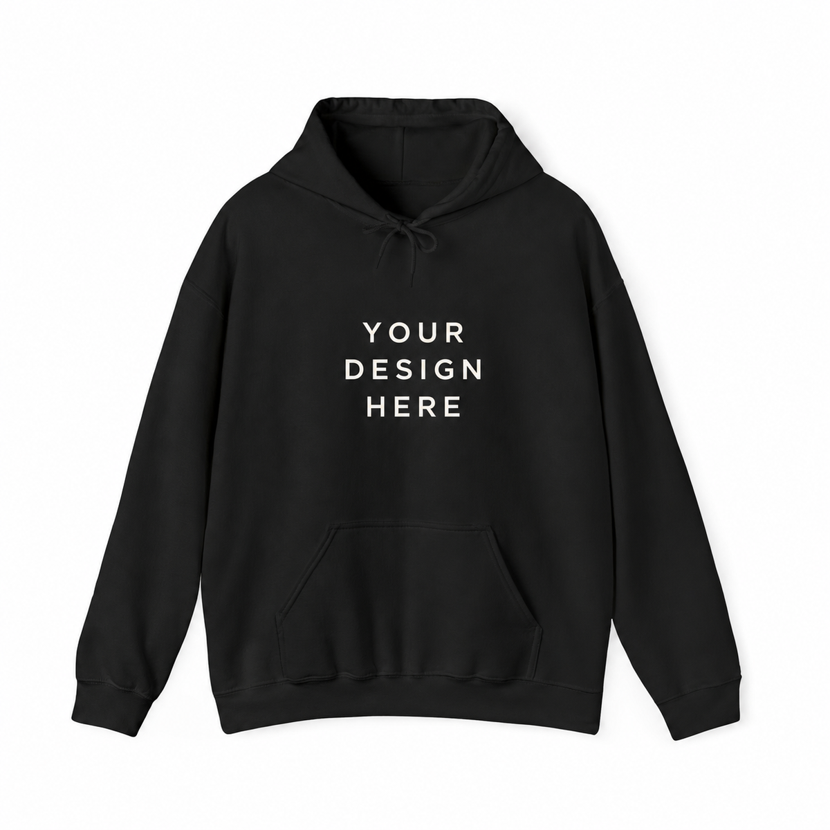 Black customizable pullover hoodie with clean Your Design Here placeholder