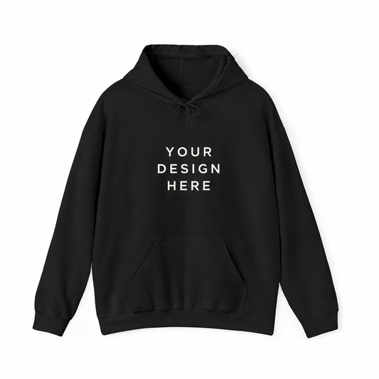 Black customizable pullover hoodie with clean Your Design Here placeholder