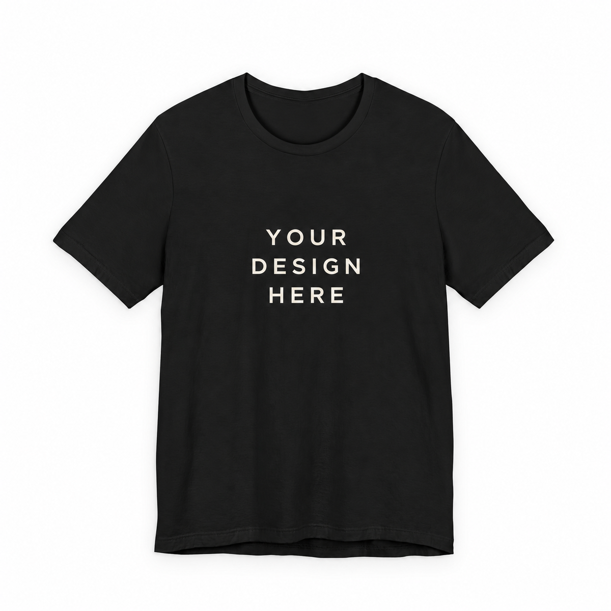 Black customizable T-shirt with clean Your Design Here placeholder