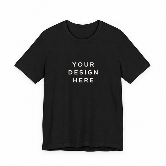 Black customizable T-shirt with clean Your Design Here placeholder