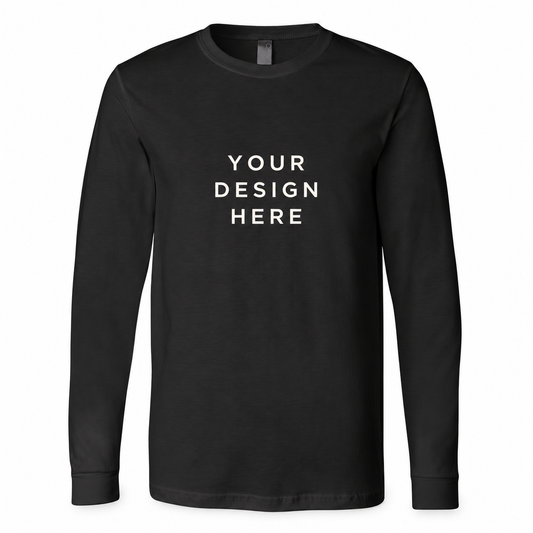 Black customizable long-sleeve shirt with clean Your Design Here placeholder