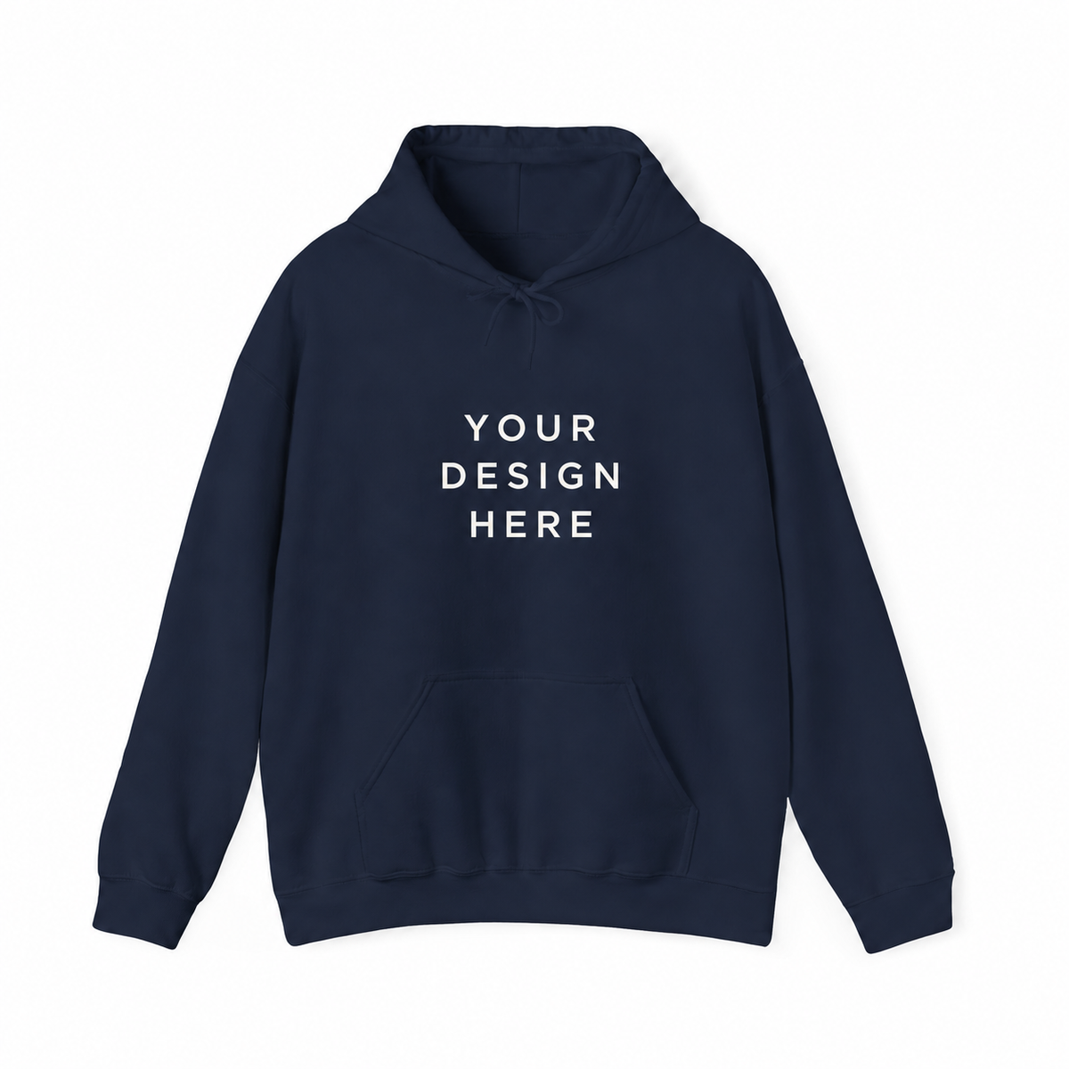 Navy customizable pullover hoodie with clean Your Design Here placeholder