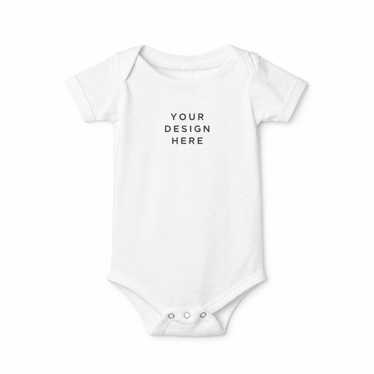 White customizable baby onesie with clean Your Design Here placeholder