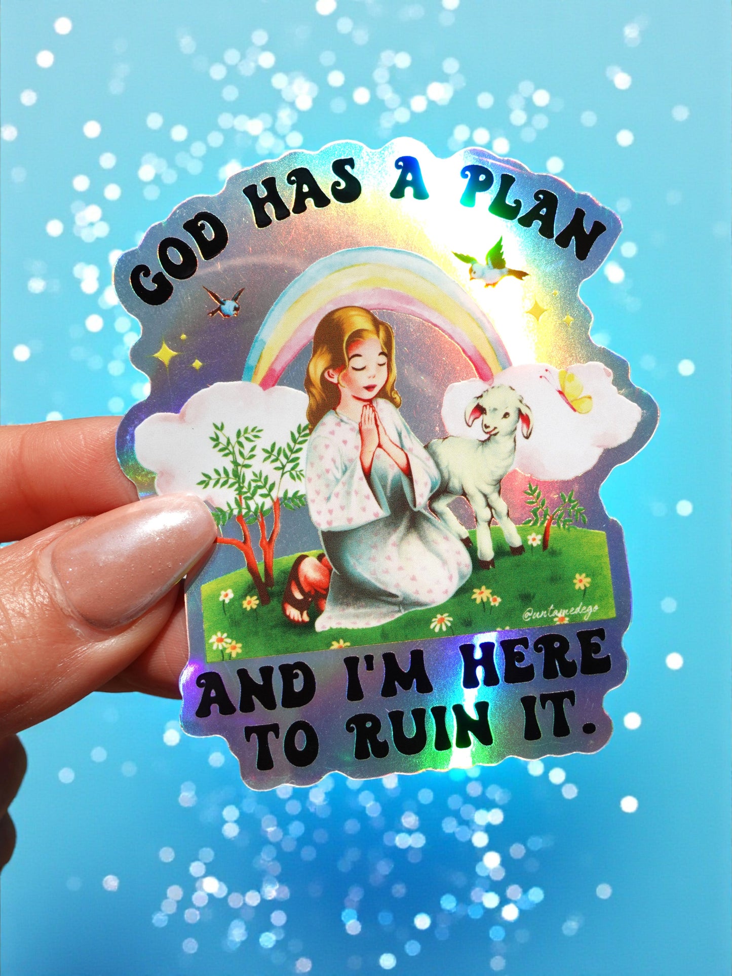 God Has a Plan Sticker – Funny Retro Holographic Vinyl Sticker