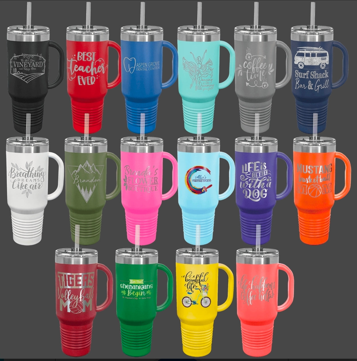 40oz Custom Engraved Travel Mug with Snap Lid & Straw