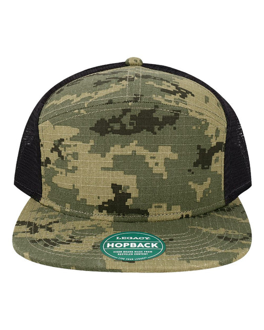 LEGACY H7FB Hopback Seven-Panel Trucker Cap — Army Digi Camo Ripstop/ Black